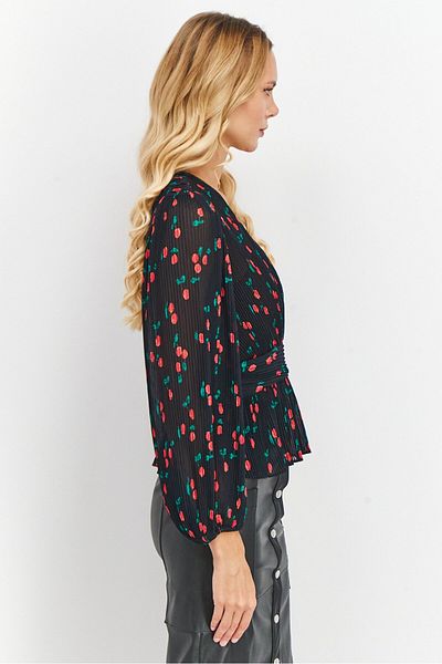 The Kooples Women V-Neck Long Sleeve Cherry Print Top, Black Combo