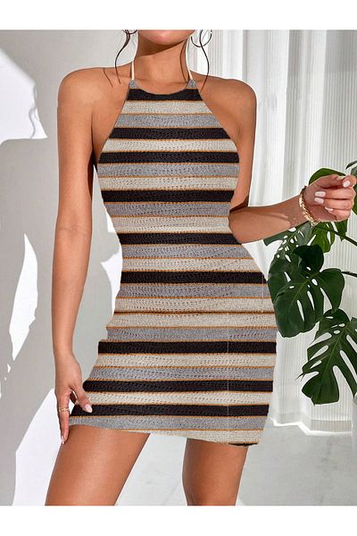 my cherie Back Low-Cut Knitwear Striped Mini Dress