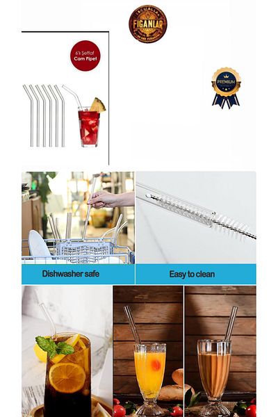 figanlar ambalaj Thick Transparent 6' Glass Curved Straws + 6' 350 Cc Pet Plastic Milkshake Lemonade Glasses