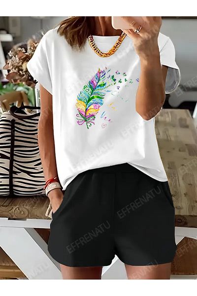 EFFRENATU Hila Fashion Available in Large Sizes Black and White T-Shirt and Shorts Set with Cute Patterns