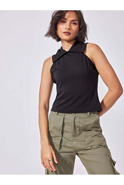 The Label Life Black Halter Collared Tank