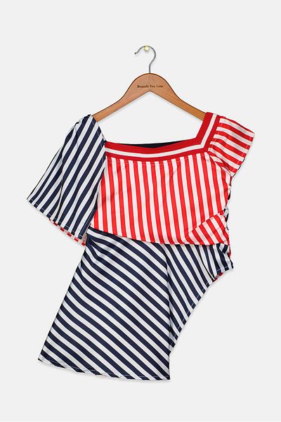 Fun & Fun Kid Girls Square Neck Short Sleeve Stripe Top, Red And Navy Combo