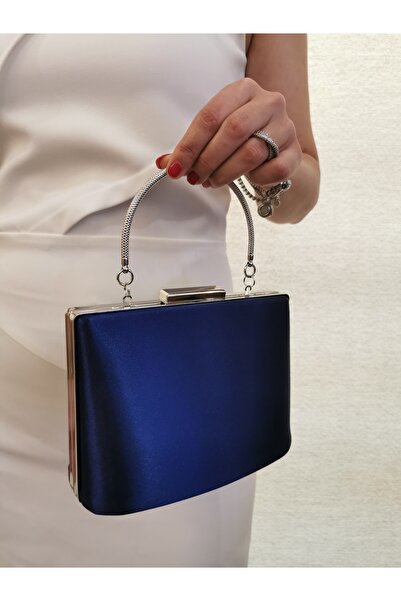 MODA Beegi̇ Women's Satin Navy Blue Evening Dress Clutch Night Chain Wedding Bag