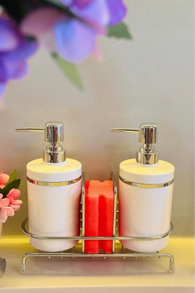 MAKRİ HOME Stantlı 2'li Sıvı Sabunluk Seti Süngerlikli - Gümüş Renk Detaylı