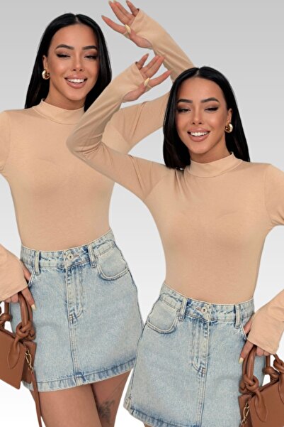 Women's 2pcs Cream Finger Detail Finger Snap Body Long Sleeve Fisherman Finger Snap Blouse