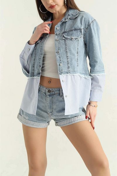 Coşkun GİYİM Cămașă de damă din denim cu dungi albastre P24250