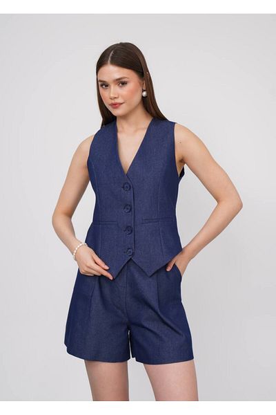 stilsepeti Women's Navy Blue V-Neck Vest Double Pleated Mini Shorts Suit Tl- 100030036