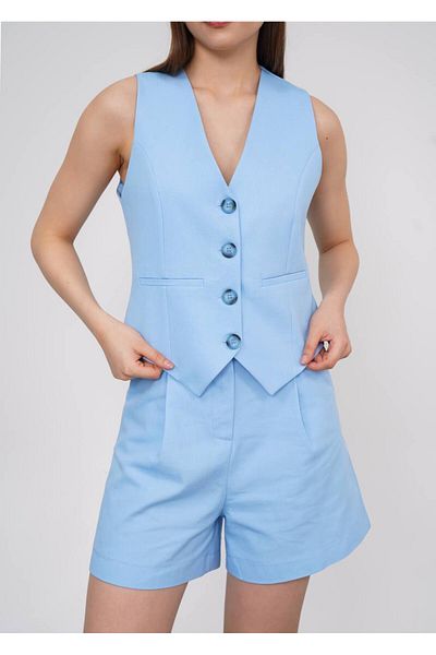 stilsepeti Women's Blue V-Neck Vest Double Pleated Mini Shorts Suit Tl- 100030036