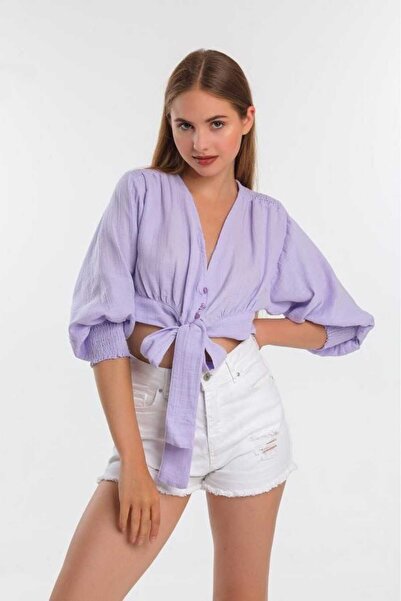 MERGAZZER Kadın Alttan Bağlamalı Crop Gömlek