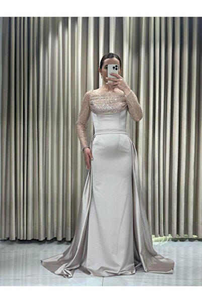 Kaleiçi Yıldızlar Gold Kare Yaka Payet İşlemeli Pelerin Detaylı Uzun Kollu Abiye Elbise 8175