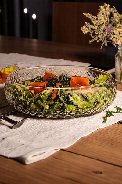 Mirilliahome Large Size Glass Salad Presentation Bowl Transparent Patterned Round Bowl