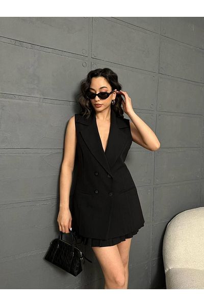 Stil Sepeti Women's Black Premium Double Breasted Collar Lined Long Blazer Vest Drl- 100078520