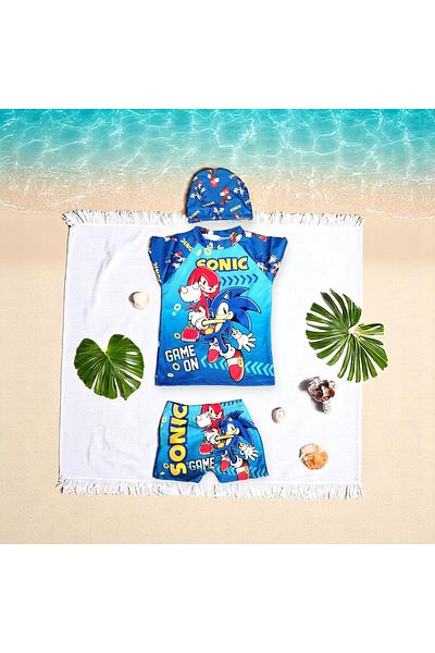 MİLAYS LİFE HOME COLLECTİON Mi̇lays 3 Pieces Bonneted Tee-Shorts Sea and Pool Swimsuit