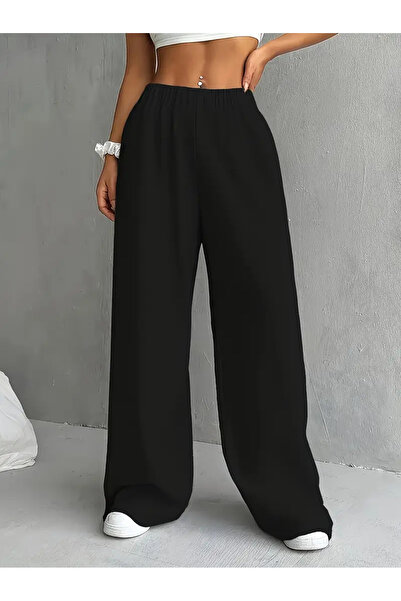 LASVES بنطال رياضي أسود بأرجل مستقيمة للسيدات