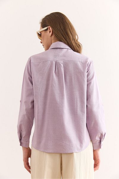 Olalook Damen-Hemd aus Flam-Leinen mit fliederfarbenem Kragen, Stein- und Paillettendetails GML-19001321