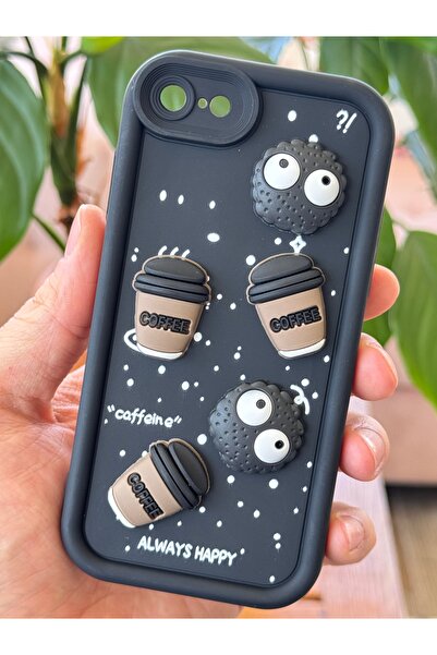 Fibaks iPhone 7/8/Se20/Se22 Case Designed Patterned Camera Protection Coffee Cookie Black Soft Silicone