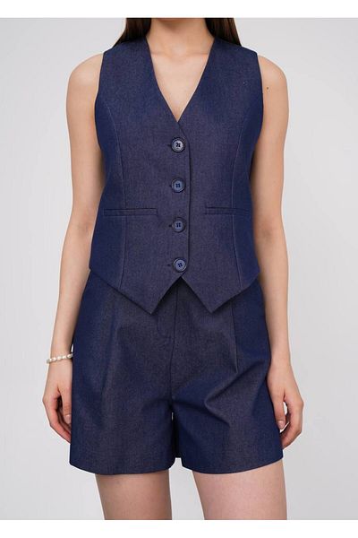 stilsepeti Women's Navy Blue V-Neck Vest Double Pleated Mini Shorts Suit Tl- 100030036