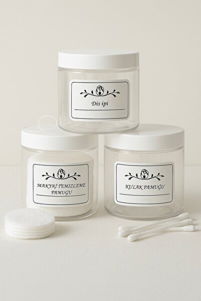 Dem Home Set de 3 borcane din plastic cu aspect de sticlă transparentă, cu capac alb, pentru ață dentară-bumbac pentru urechi-curățare machiaj.