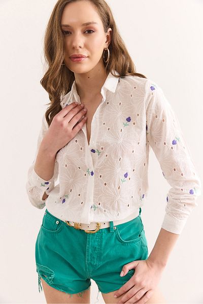 Olalook Cămașă de damă, albă, mov, florală, din bumbac, cu scoici GML-19001326