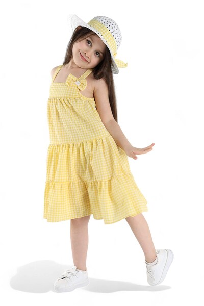 VOY KİDS Kız Çocuk Yazlık Fiyonklu Pötikare Desen Şapkalı 3-4-5-6-7-8-9-1 Yaş Elbise