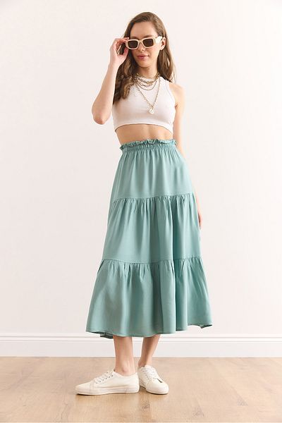 Olalook Women's Mint Green Layered Flowy Midi Woven Skirt Etk-19000313