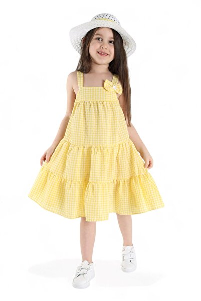 VOY KİDS Kız Çocuk Yazlık Fiyonklu Pötikare Desen Şapkalı 3-4-5-6-7-8-9-1 Yaş Elbise