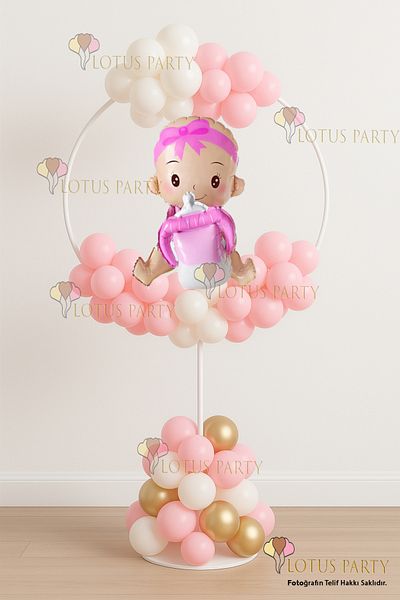 LOTUS PARTY Footed Round Stand Hospital Room Ornament Baby Girl with Bottle Balloon New Born Room Ornament