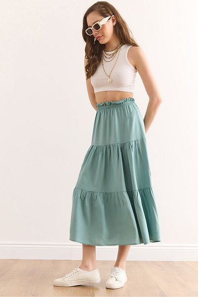 Olalook Women's Mint Green Layered Flowy Midi Woven Skirt Etk-19000313