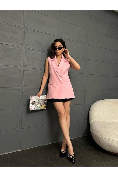 Stil Sepeti Women's Pink Premium Double Breasted Collar Lined Long Blazer Vest Drl- 100078520