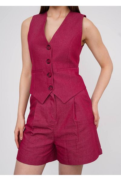 stilsepeti Women's Burgundy V-Neck Vest Double Pleated Mini Shorts Suit Tl- 100030036