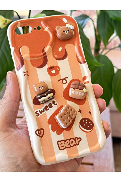 Fibaks iPhone 7 / 8 Plus Case Designed Patterned Camera Protection Teddy Bear Biscuit Colored Coffee Silicone