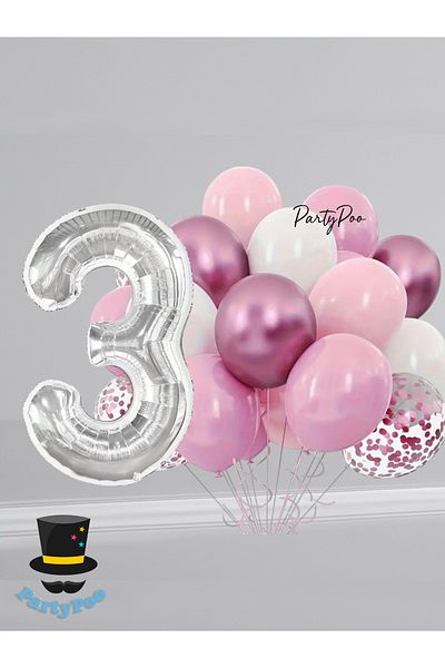 PartyPoo Silver Number Foil Pink Balloon Set 15 Birthday Balloon Set