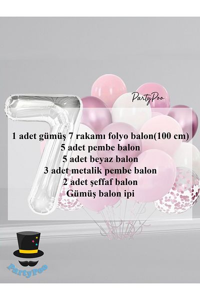 PartyPoo Silver Number Foil Pink Balloon Set 15Pcs Birthday Balloon Set Transparent Balloon Metallic Balloon
