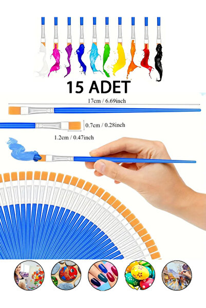 Artshop 15 Adet Düz Uçlu Standart Boyama Fırçası Akrilik, Yağlı. Sulu, Guaj, Parmak Boyası