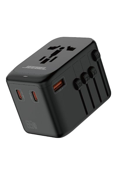 Jeebel | محول سفر عالمي من GaN بقوة 65 واط مزود بثلاثة منافذ USB-C PD + منفذ USB واحد | أسود
