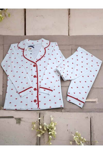 Tosyalı Burak Bebe Kız Çocuk Kalpli Önden Düğmeli Pamuklu Pijama Takımı 7/8-8/9-9/10 YAŞ