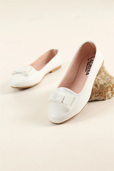 ALMİNA Shoes Girl's Bow Tie Detailed White Ballerinas