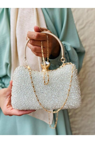 Çanta Trend Geantă de rochie de seară pentru femei, cu piatră mare, transparentă, cu detaliu argintiu, cu lanț lung și curea de mână