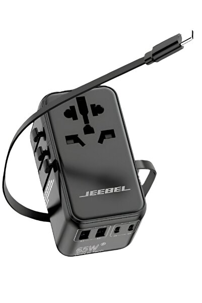 Jeebel | 65W GaN Universal Travel Adapter with Built-in USB-C Cable |4 Ports | 2000W Output | Black