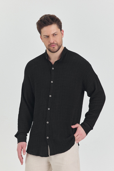 Plus Ninety Plusninety Erkek Jakarlı Kraşlı Örme Likralı Hakim Yaka Gömlek