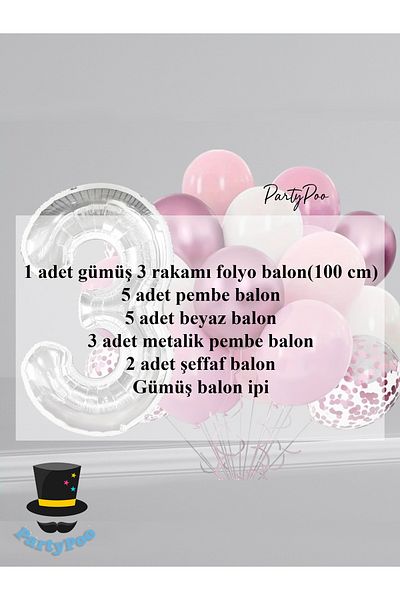 PartyPoo Silver Number Foil Pink Balloon Set 15 Birthday Balloon Set