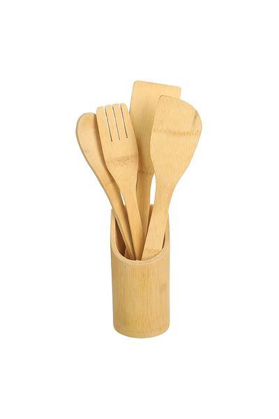 mastergold Bamboo Kitchen Utensil Set with Holder | 5-Piece Wooden Cooking Tools Eco-Friendly & Durable