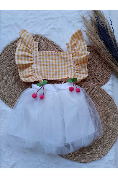 ayzen store Cherry Detailed Bow Lined Tulle Girl Dress
