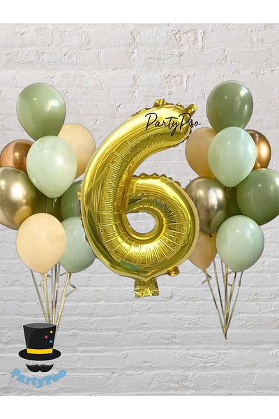 PartyPoo Gold Number Foil Green Balloon Set 15 Birthday Balloon Set