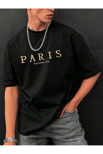 VBSVİBES Paris Romantic City Printed Single Jersey Black T-Shirt - Oversize Crew Neck T-Shirt