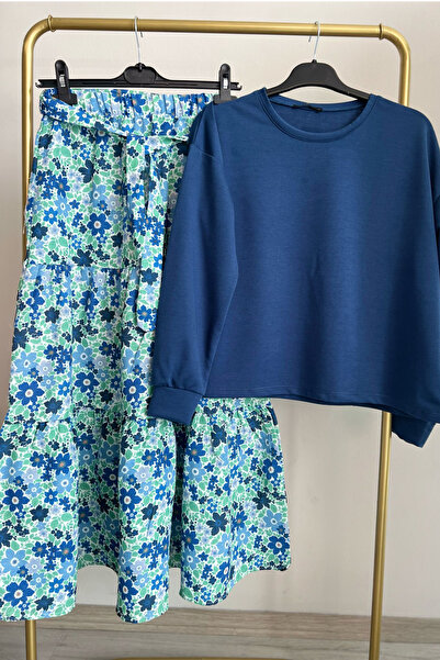 Bold Grup Γυναικεία Cherry Floral Layered Φούστα Μπλούζα Ζώνη Διπλό Σετ