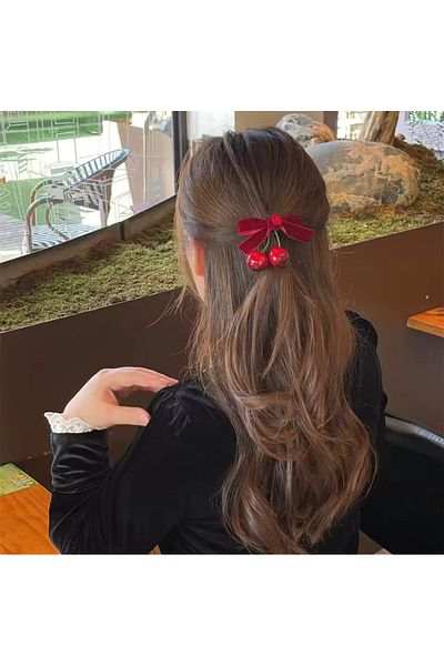 REBORN DESIGN Cherry Model Velvet Bow and Crystal Stone Detailed Red Color 6.5 cm Pen Buckle