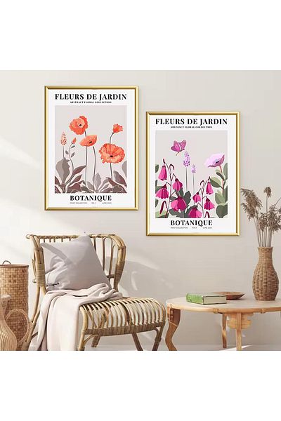 Linacci Set of 2 Gold Metal Framed Botanical Real Glass Paintings