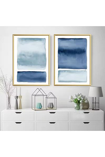 Linacci Set of 2 Gold Metal Framed Abstract Blue Real Glass Painting