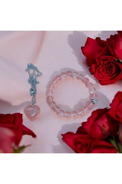 Mithril Club Natural Pink Quartz Stone Bracelet & Necklace Set